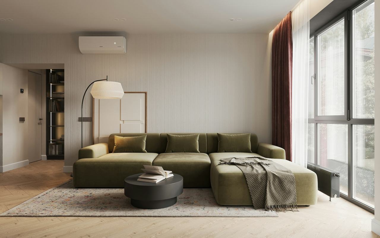 Modern 3D-rendered apartment living room interior