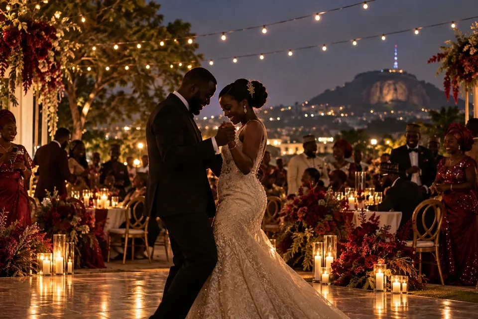 A bride and groom dance on a candlelit floor at an evening reception, under strings of lights, with guests seated at tables of red flowers and a floodlit hill behind them.