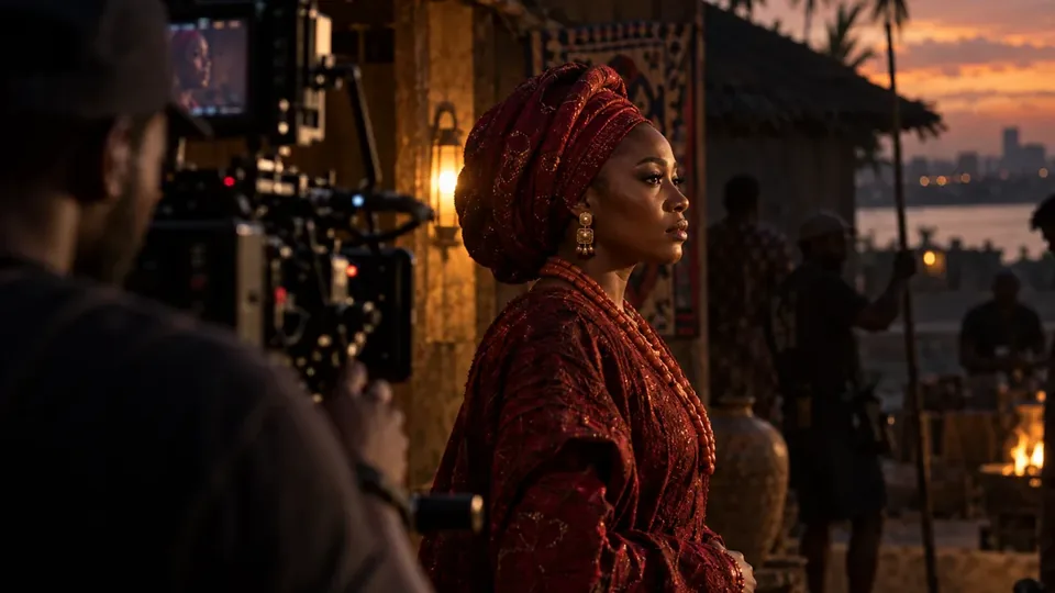 On a film set at dusk, an actor in a red head wrap and embroidered robe stands in profile while a camera operator in the foreground films her; crew wait by a thatched set behind.