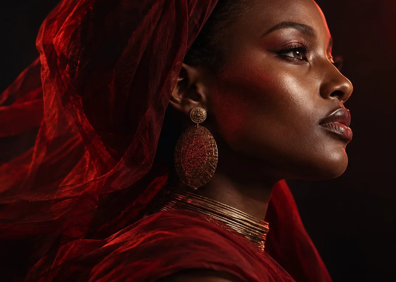 Portrait of a woman in profile, lit in deep red, wearing a large engraved gold disc earring and stacked gold neck rings
