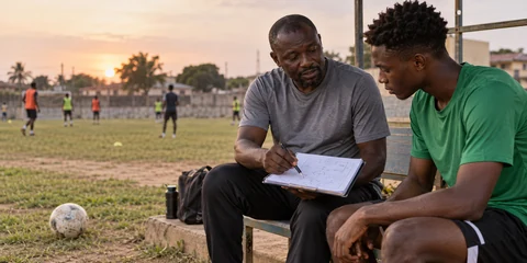 At sunset on a training ground, a coach reviews a hand-drawn tactics sheet with a young player, other players training in the background.