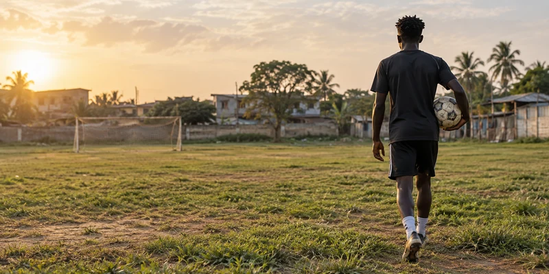 A player walks off a training pitch at sunset with a ball under his arm, houses and palm trees along the far side.